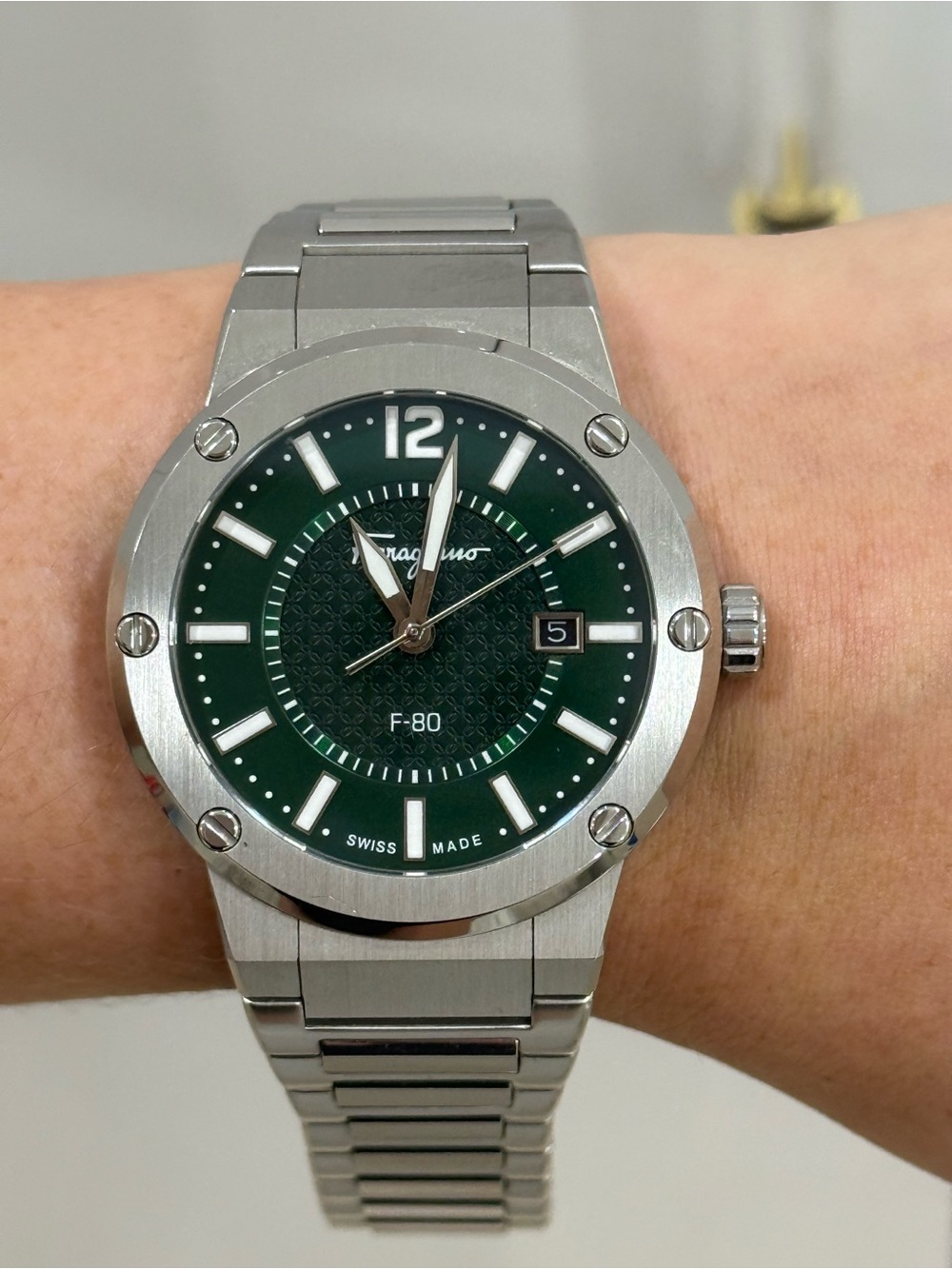 Salvatore Ferragamo F-80 Stainless Steel Watch with Green Dial